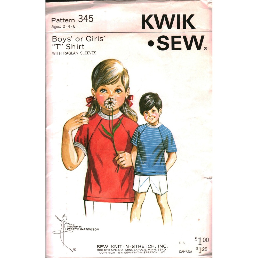 Vintage Kwik Sew 345 Boys Girls T-Shirt Raglan Sleeve Sewing Pattern Ages 2-4-6